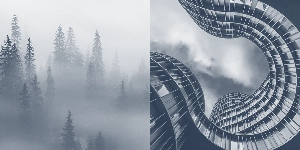 Links sind hohe, nebelverhangene Tannenbäume in einem mystischen Wald zu sehen, während rechts eine moderne, spiralförmige Architektur abgebildet ist, die in den Himmel ragt und von Wolken umgeben ist.