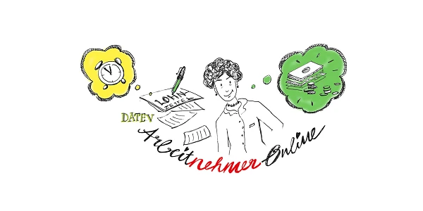 Eine cartoonhafte Darstellung einer Person mit lockigem Haar, die an einem Tisch sitzt und mit einem Stift auf einem Blatt Papier schreibt. Um die Person sind Gedankenblasen, eine mit einer Uhr und eine andere mit Geldstapeln. Der Text „DATEV Arbeitnehmer Online“ ist prominent und farblich hervorgehoben.