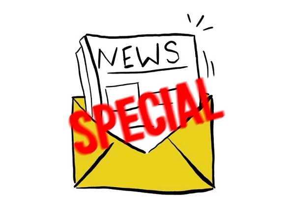 Eine gelbe Umschlagzeichnung, aus der eine Zeitung mit dem Titel "NEWS" herausragt, während das Wort "SPECIAL" in roter Schrift über dem Umschlag hervorgehoben ist.