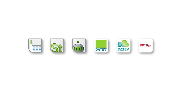 Eine Reihe von sieben Icons, die verschiedene Software-Tools darstellen: ein Tabellenkalkulations-Icon, das "St" Symbol, ein Robotersymbol, das DATEV-Logo, ein weiteres DATEV-Icon und ein Signatur-Icon.
