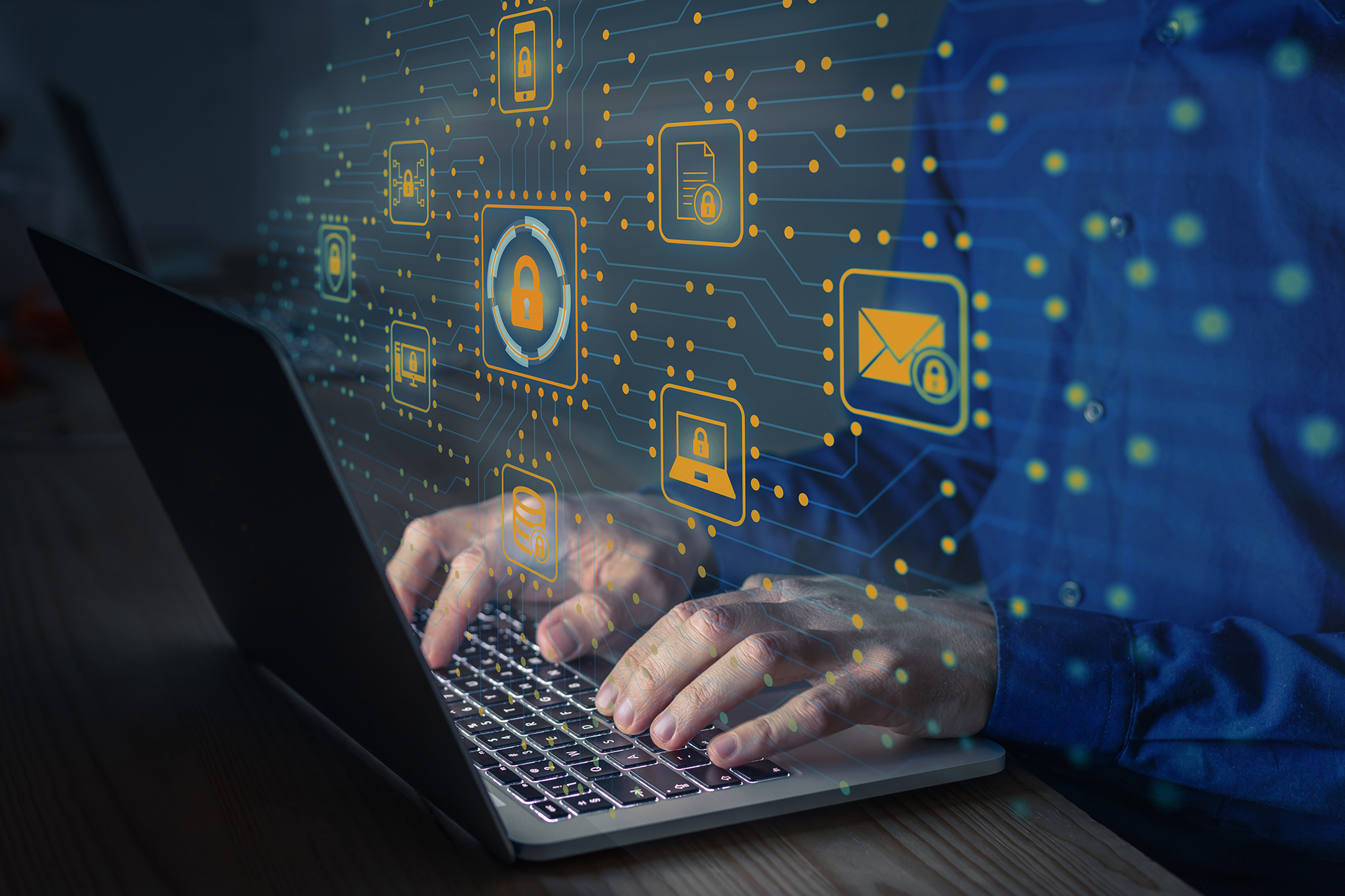 Eine Person tippt auf der Tastatur eines Laptops, während um sie herum digitale Symbole für Datenschutz und Sicherheit, wie Vorhängeschlösser und geschützte E-Mail-Symbole, schwirren.