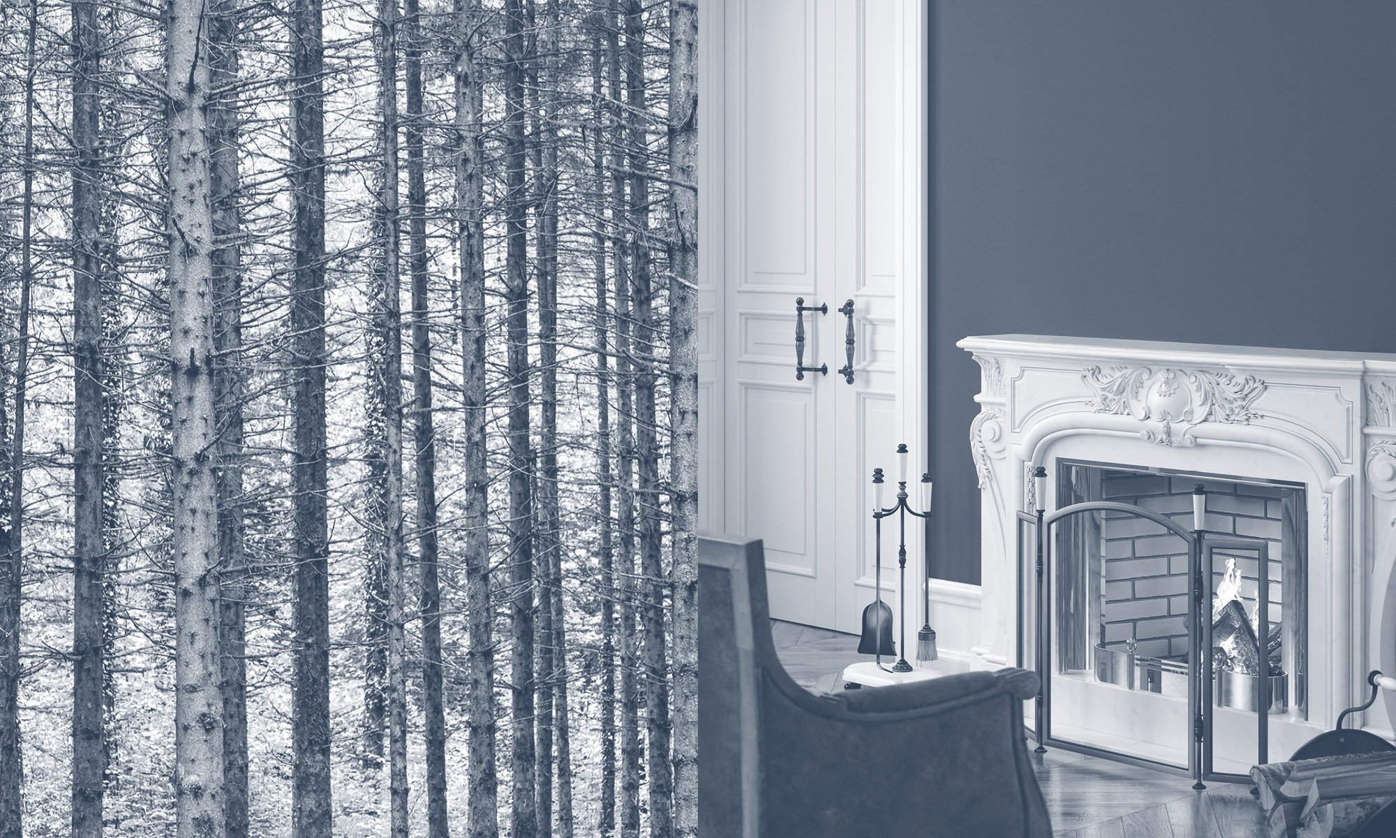 Links sind dicht stehende Baumstämme in einem Wald, während rechts ein eleganter Innenraum mit einem weißen Kamin, einem Sessel und einer dekorativen Wand zu sehen ist.