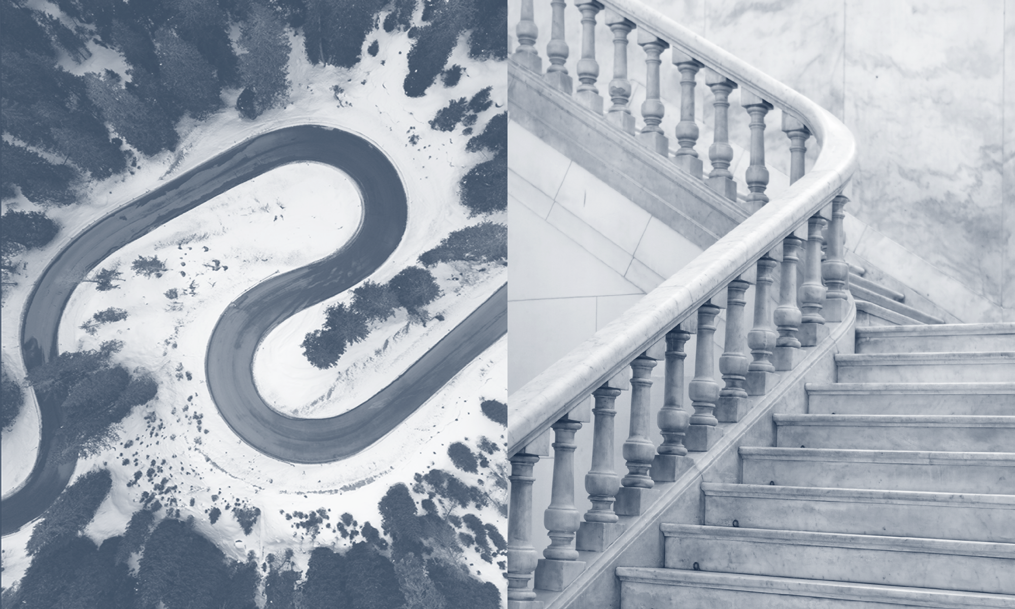 Eine Ansicht zeigt eine kurvenreiche Straße in einer verschneiten Landschaft auf der linken Seite und eine elegante Treppe mit gesprungenen Balustraden aus Marmor auf der rechten Seite.