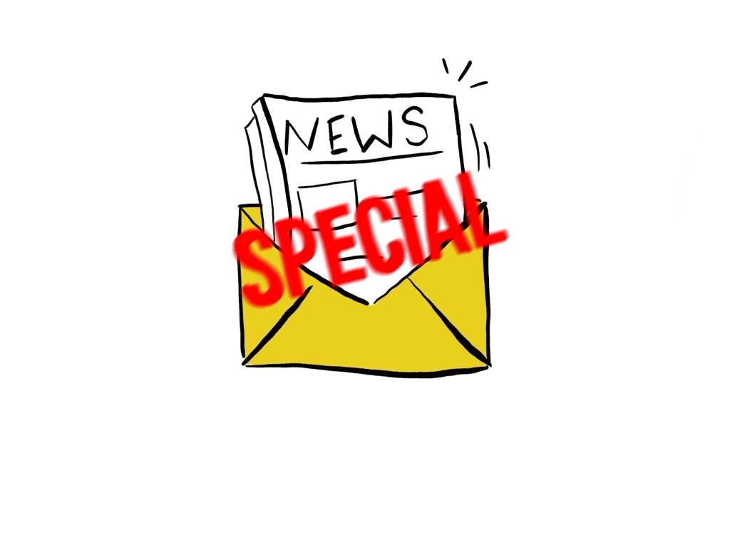 Eine gelbe Umschlagzeichnung, aus der eine Zeitung mit dem Titel "NEWS" herausragt, während das Wort "SPECIAL" in roter Schrift über dem Umschlag hervorgehoben ist.