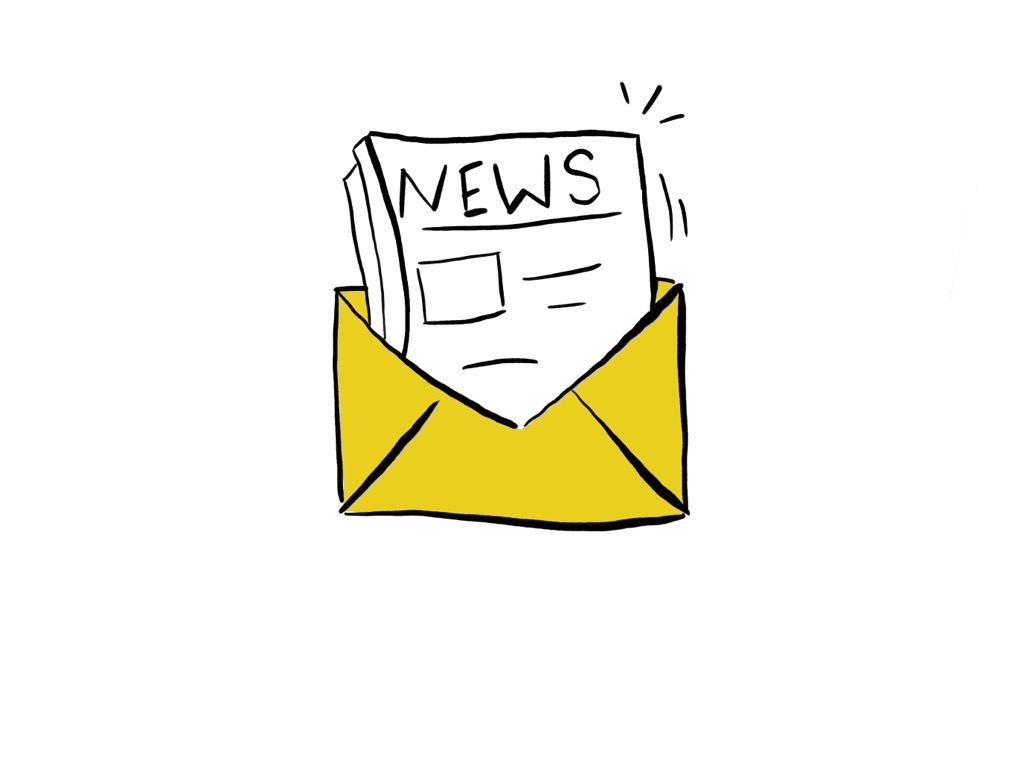 Ein gelbes Kuvert mit einer Zeitung, auf der das Wort "NEWS" geschrieben steht, schaut heraus.