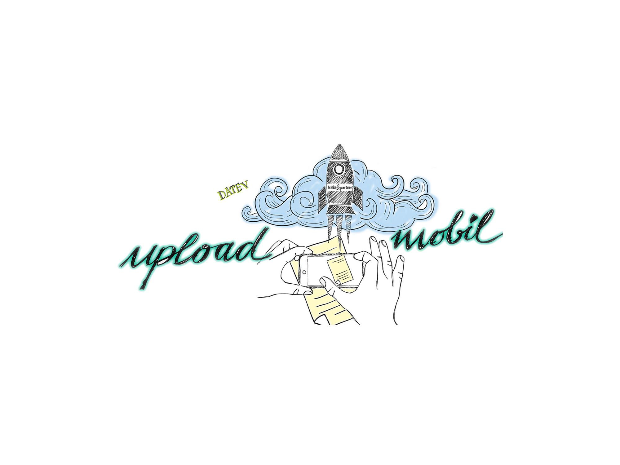 Eine stilisierte Illustration, die ein Smartphone zeigt, das in eine Hand gehalten wird, während eine andere Hand eine gelbe Datei hält. Im Hintergrund sind Wolken und eine Rakete abgebildet, und der Text "upload" und "mobil" ist kreativ eingearbeitet.