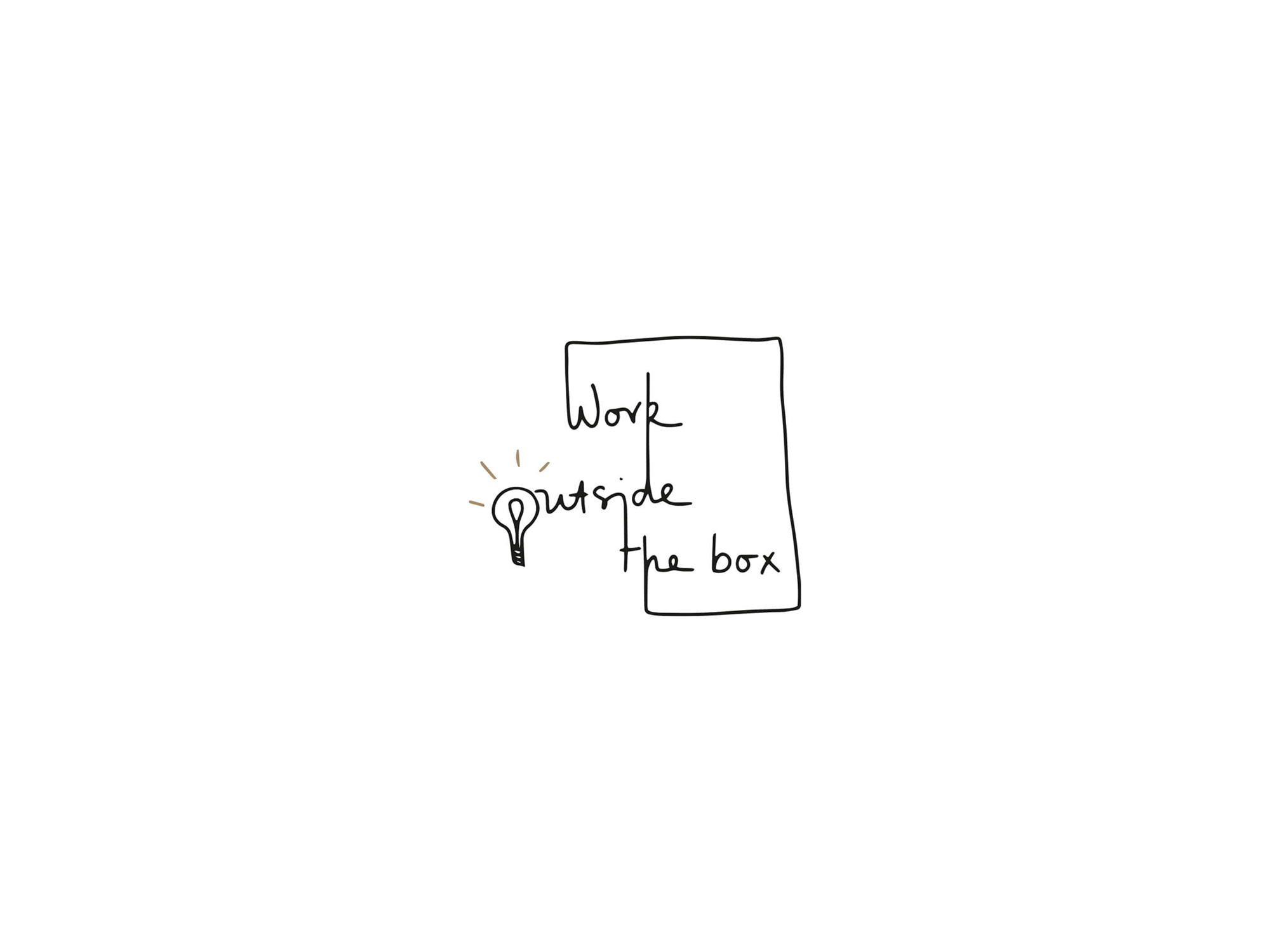 Ein handgezeichneter Zettel zeigt den Satz „Work outside the box“ zusammen mit einer Glühbirne, die für kreative Ideen steht.