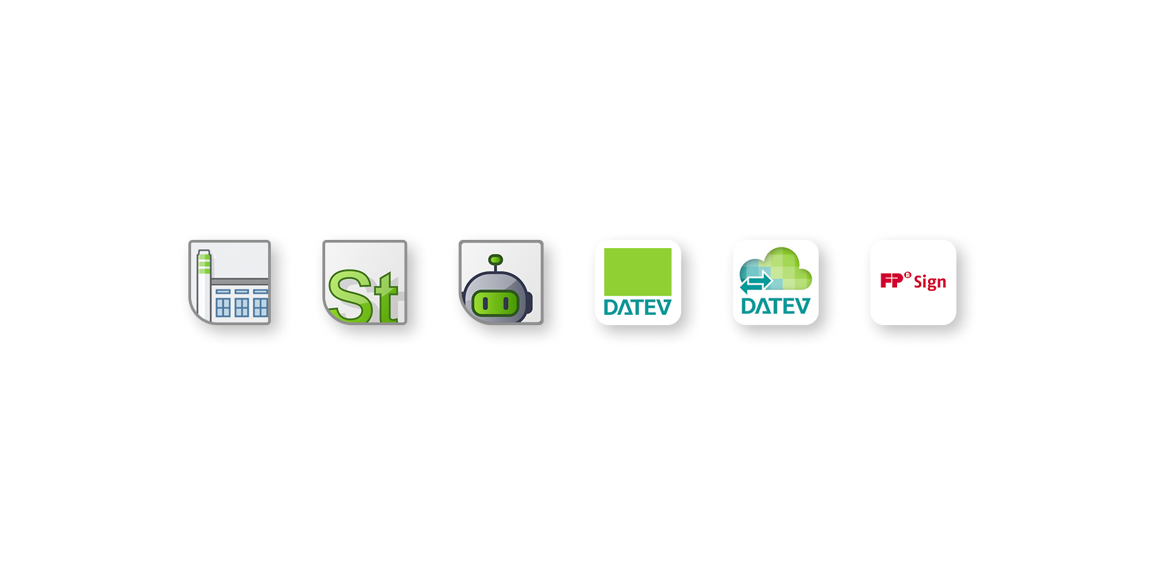Eine Reihe von sieben Icons, die verschiedene Software-Tools darstellen: ein Tabellenkalkulations-Icon, das "St" Symbol, ein Robotersymbol, das DATEV-Logo, ein weiteres DATEV-Icon und ein Signatur-Icon.
